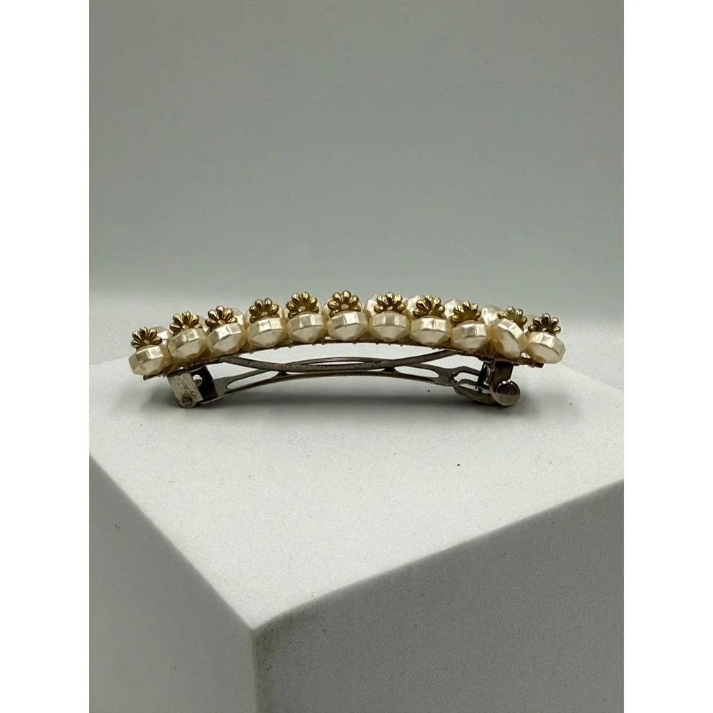 Vintage Faux Pearl Beaded Hair‎ Barrette Cream Gold Tone French Clip Accessory